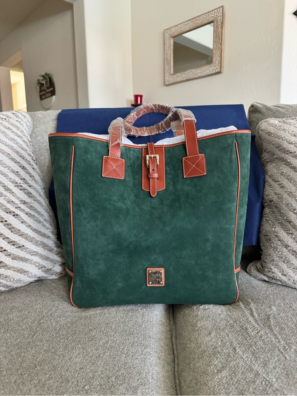 Dooney & Bourke Forest Green Suede Tote with Brown Trim